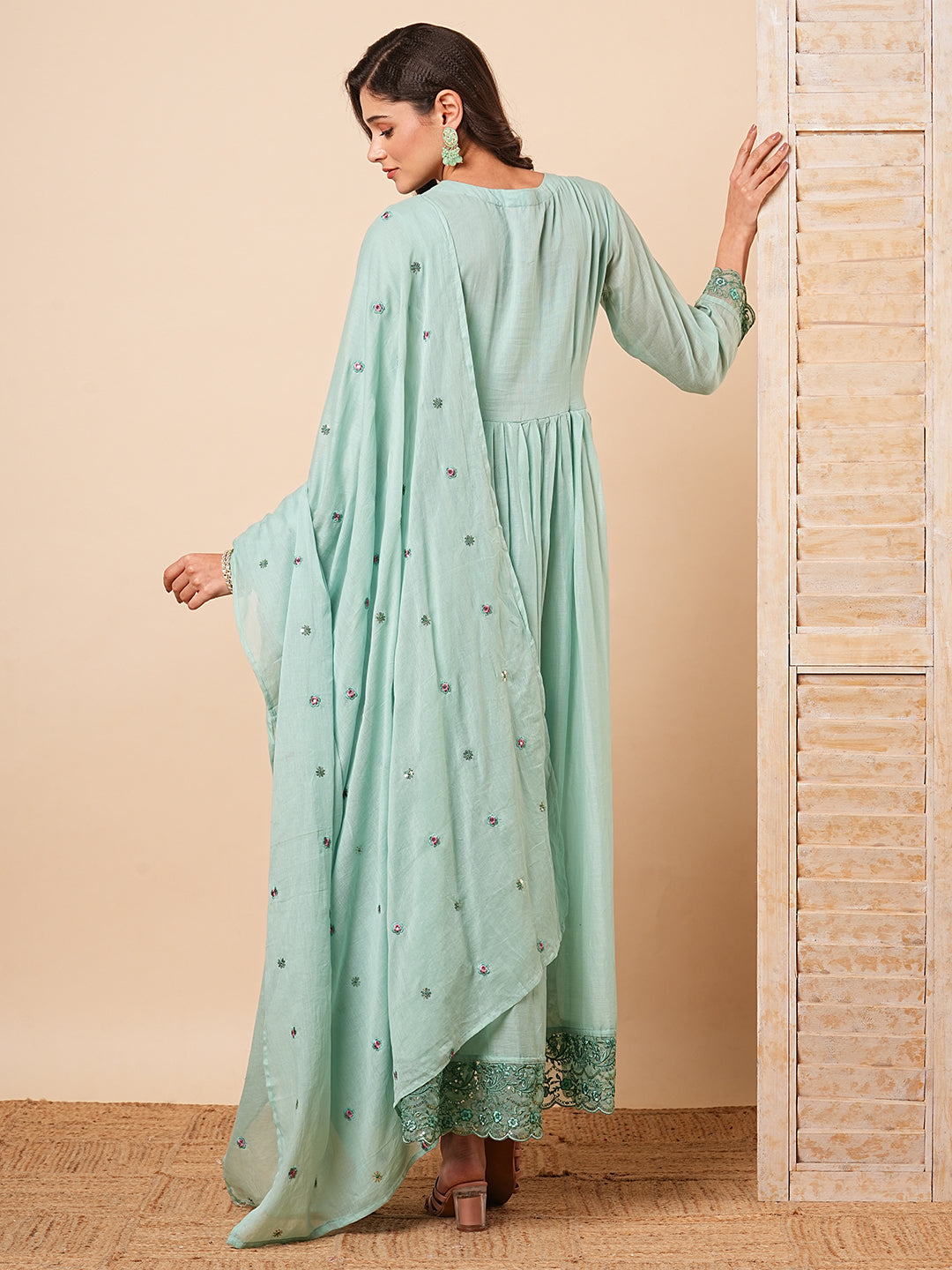 Floral Embroidered A-Line Pleated Kurta with Pant & Dupatta - Mint Green