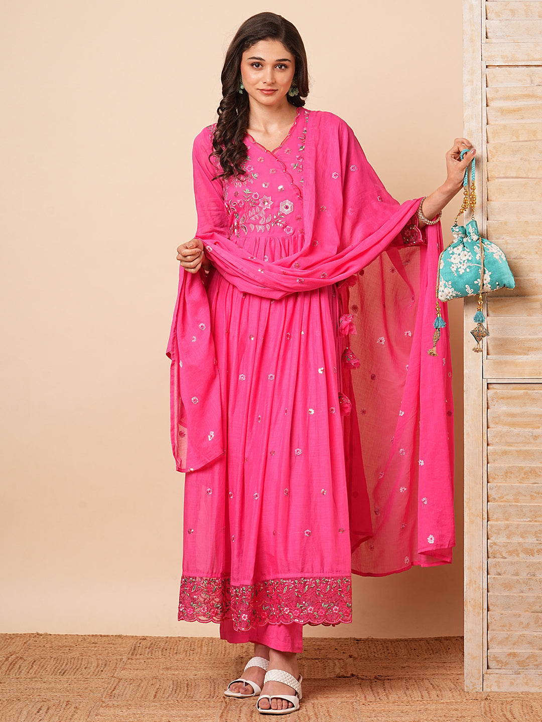 Floral Embroidered A-Line Pleated Kurta with Pant & Dupatta - Pink