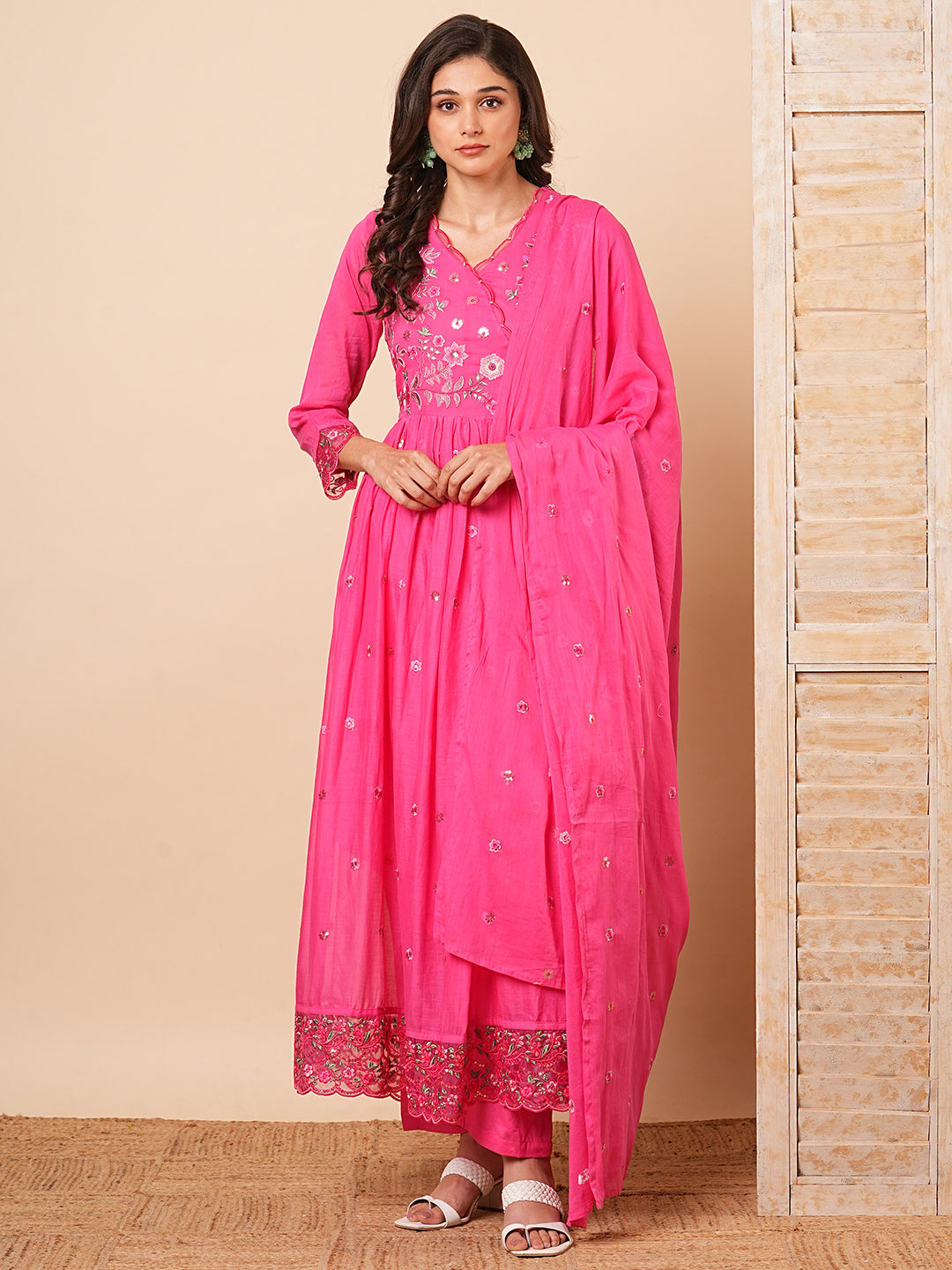 Floral Embroidered A-Line Pleated Kurta with Pant & Dupatta - Pink