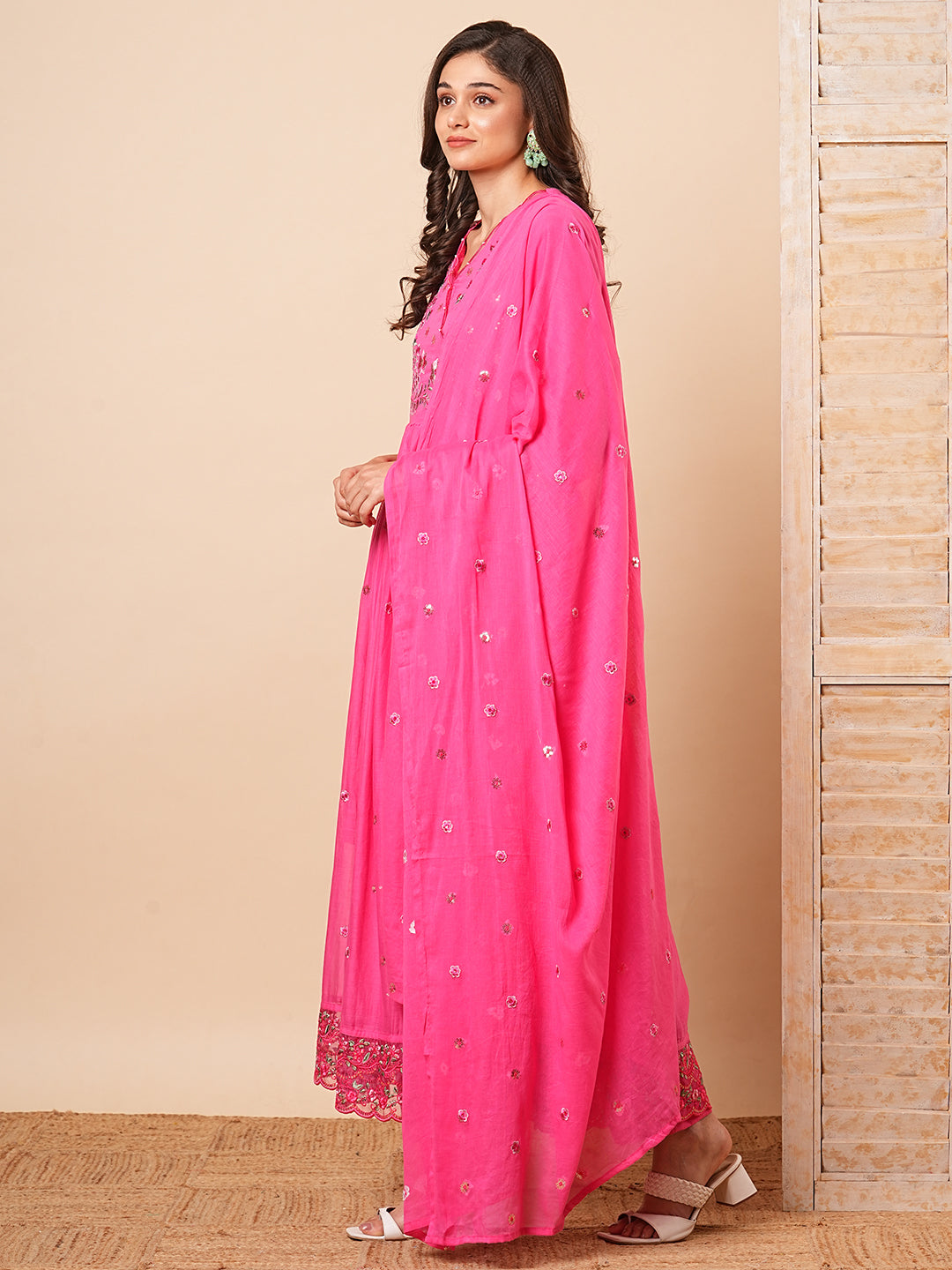 Floral Embroidered A-Line Pleated Kurta with Pant & Dupatta - Pink