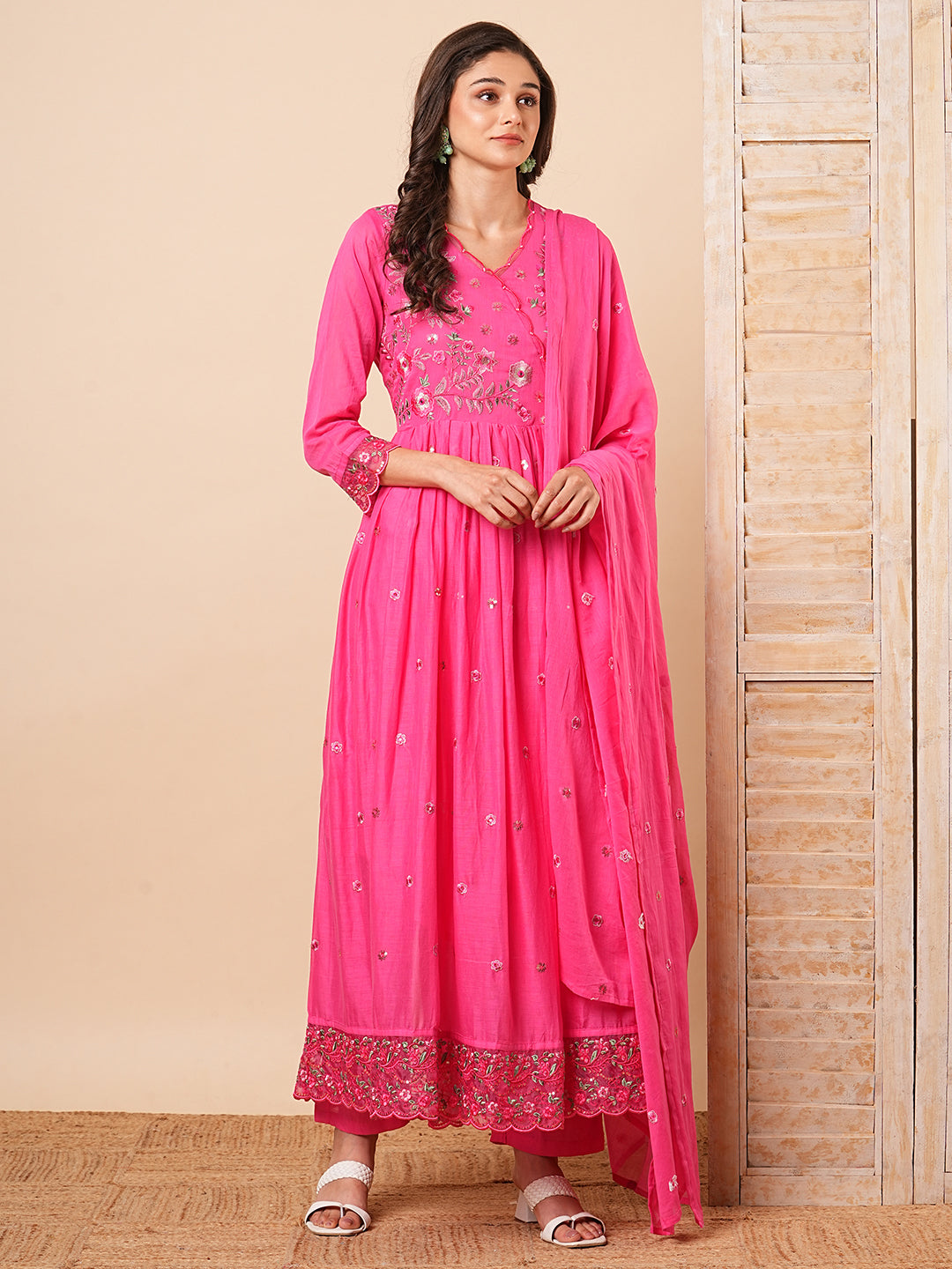 Floral Embroidered A-Line Pleated Kurta with Pant & Dupatta - Pink