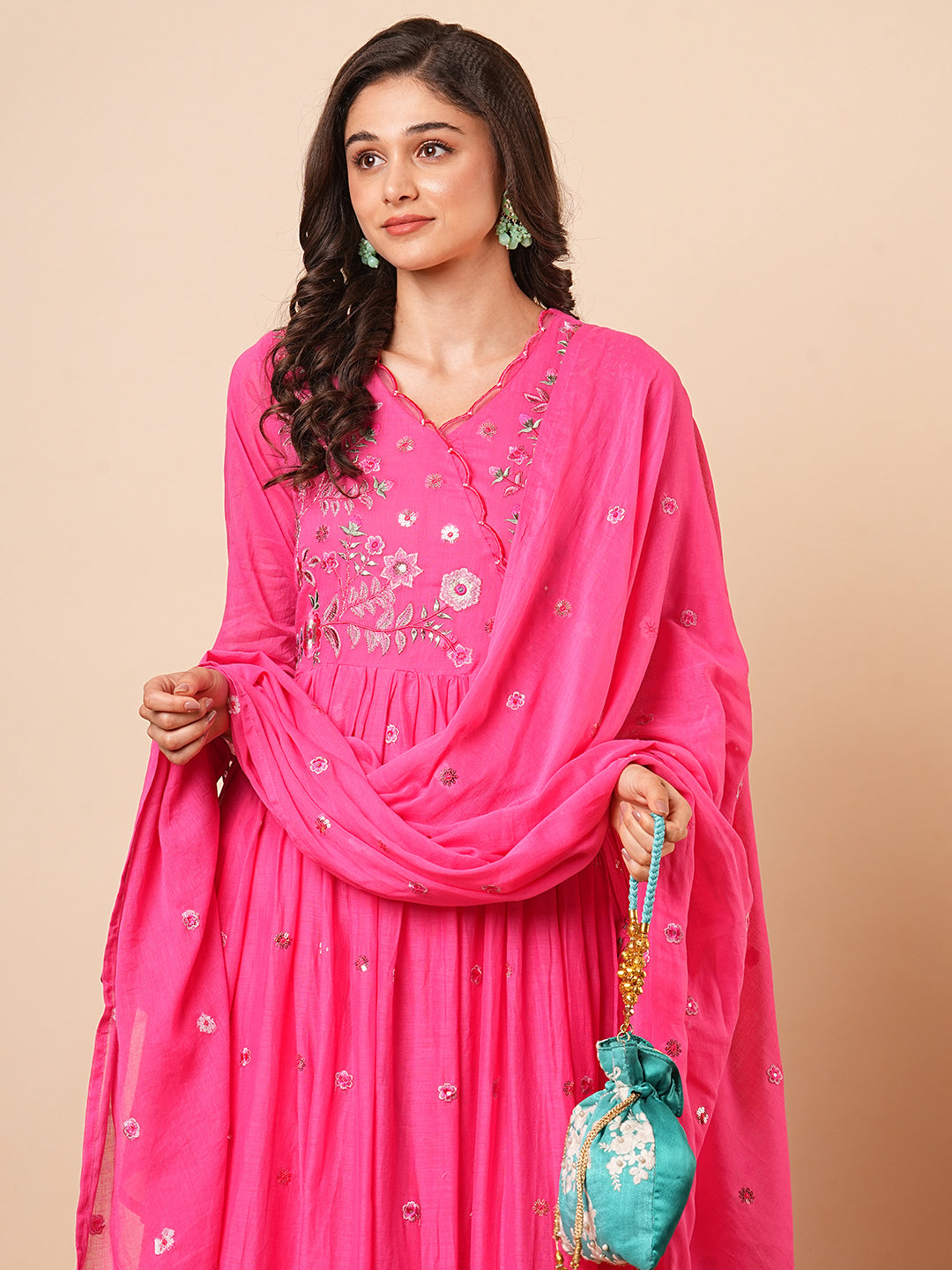 Floral Embroidered A-Line Pleated Kurta with Pant & Dupatta - Pink