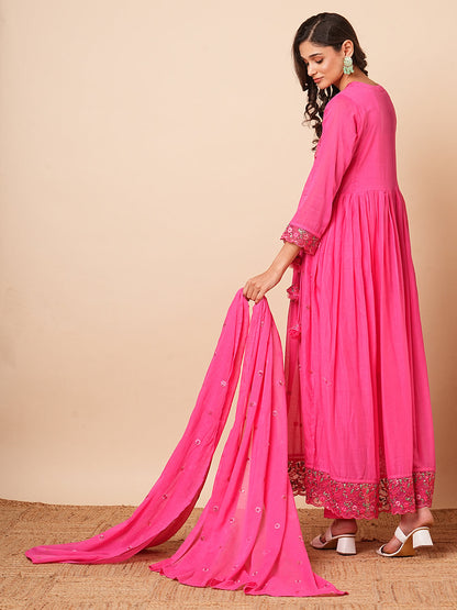 Floral Embroidered A-Line Pleated Kurta with Pant & Dupatta - Pink