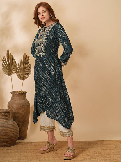 Abstract Foil Printed & Zari Embroidered A-Line High Low Kurta with Palazzo - Charcoal