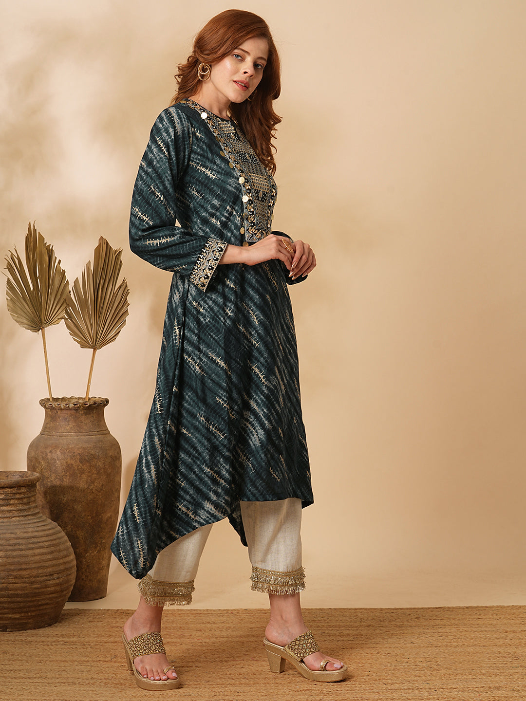 Abstract Foil Printed & Zari Embroidered A-Line High Low Kurta with Palazzo - Charcoal