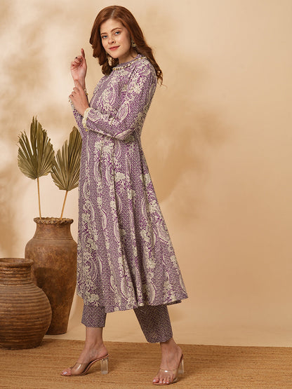 Ethnic Floral Printed & Coined Anarkali Flared Kurta with Pant - Purple