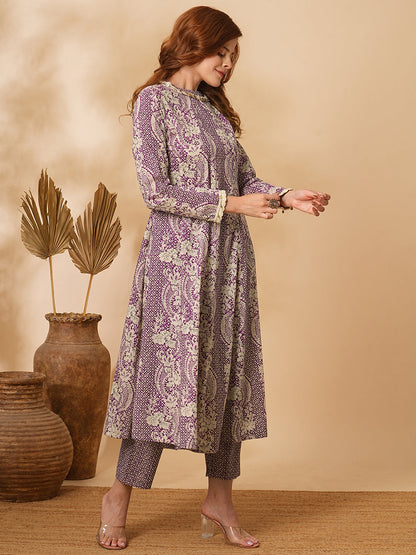 Ethnic Floral Printed & Coined Anarkali Flared Kurta with Pant - Purple