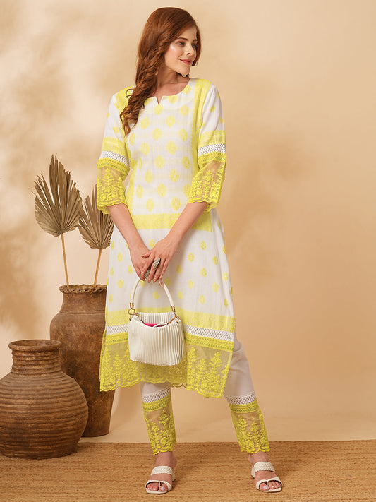 Ethnic Floral Jacquard Straight Fit Kurta with Pant - Off White