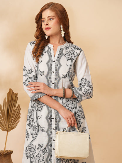 Ethnic Floral Woven Straight Fit Kurta with Pant - White