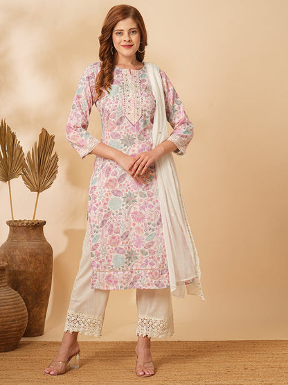 Floral Printed & Embroidered Straight Kurta with Pant & Dupatta - Off White