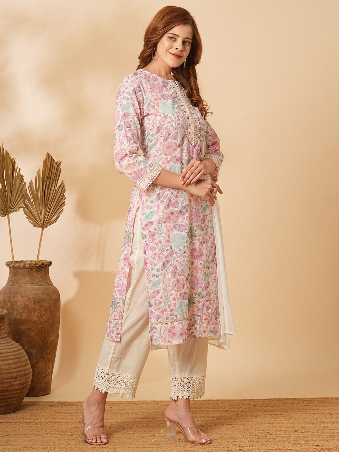 Floral Printed & Embroidered Straight Kurta with Pant & Dupatta - Off White