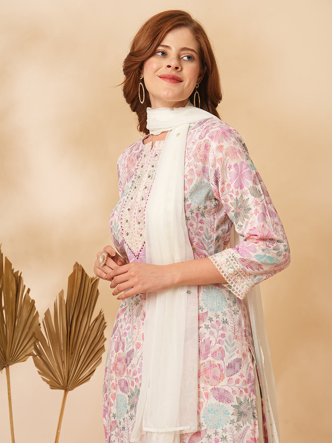 Floral Printed & Embroidered Straight Kurta with Pant & Dupatta - Off White