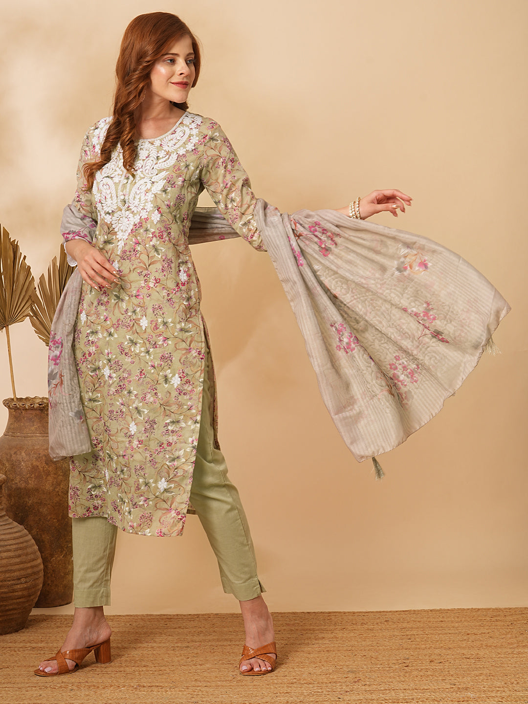 Floral Foil Printed & Chikankari Embroidered Straight Kurta with Pant & Dupatta - Green