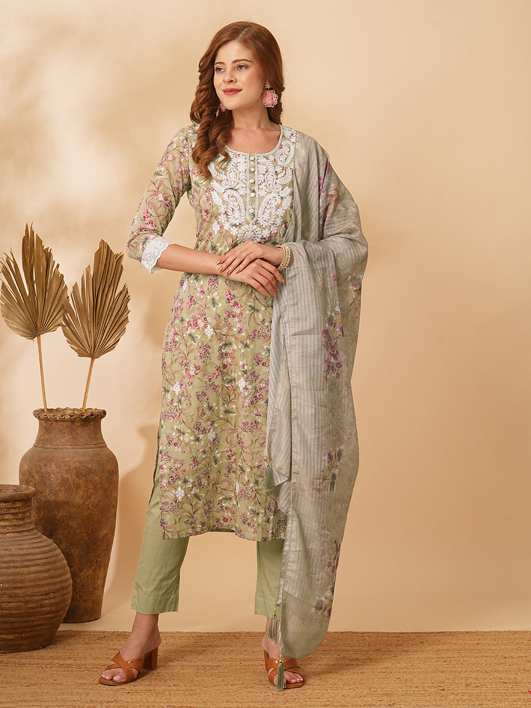 Floral Foil Printed & Chikankari Embroidered Straight Kurta with Pant & Dupatta - Green