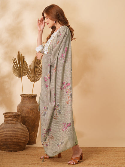 Floral Foil Printed & Chikankari Embroidered Straight Kurta with Pant & Dupatta - Green