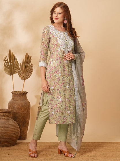 Floral Foil Printed & Chikankari Embroidered Straight Kurta with Pant & Dupatta - Green