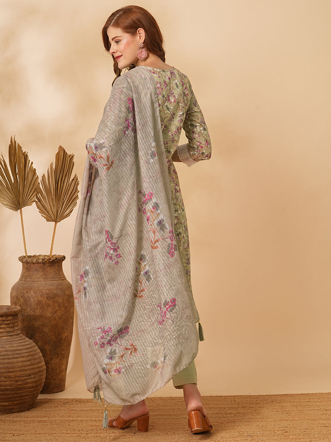 Floral Foil Printed & Chikankari Embroidered Straight Kurta with Pant & Dupatta - Green