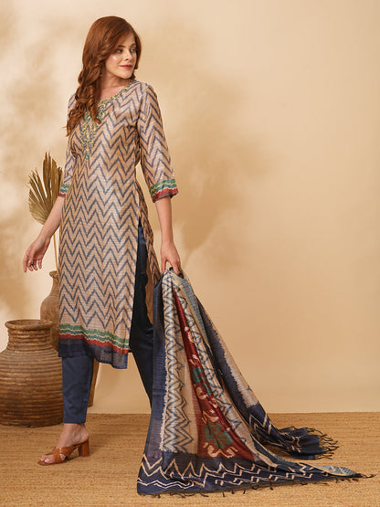 Chevron Printed & Floral Embroidered Straight Kurta with Pant & Dupatta - Beige