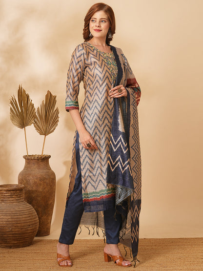 Chevron Printed & Floral Embroidered Straight Kurta with Pant & Dupatta - Beige