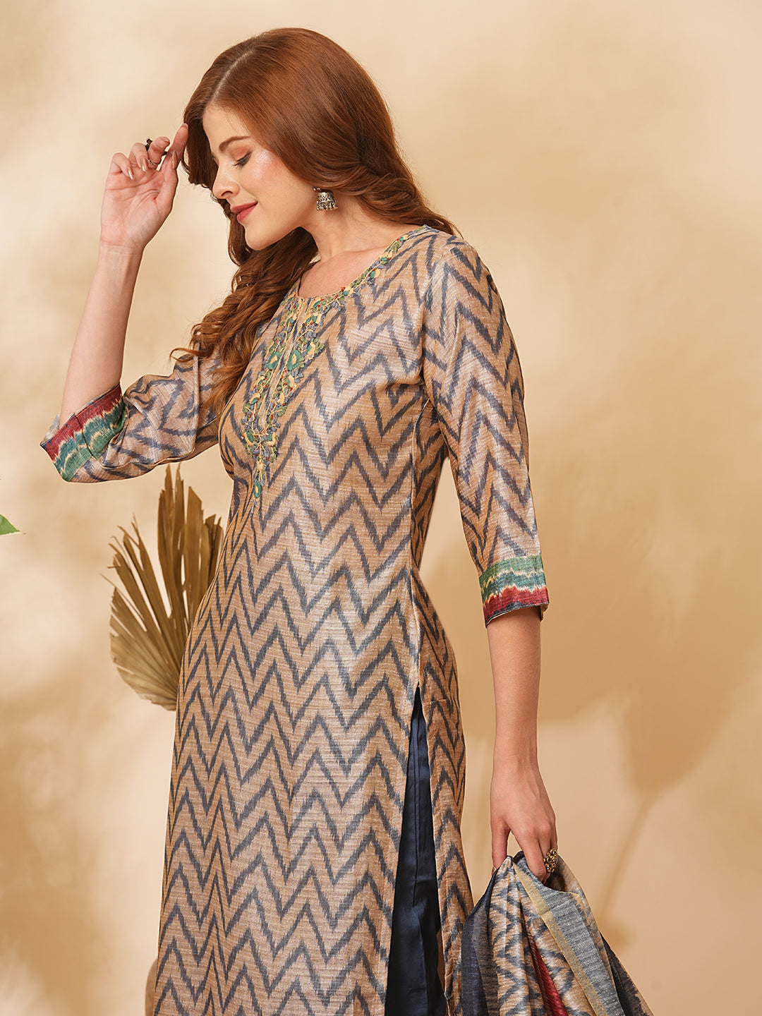 Chevron Printed & Floral Embroidered Straight Kurta with Pant & Dupatta - Beige