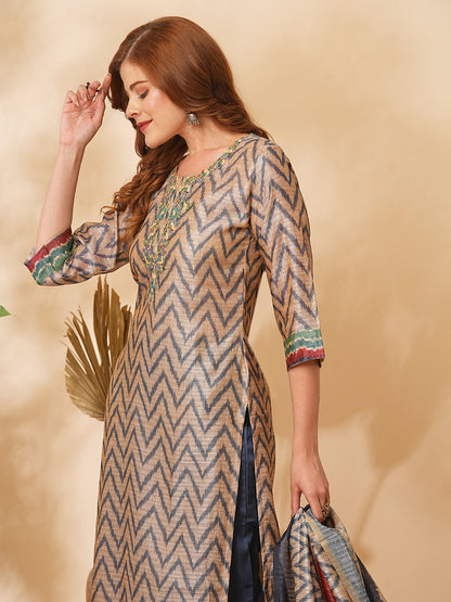 Chevron Printed & Floral Embroidered Straight Kurta with Pant & Dupatta - Beige