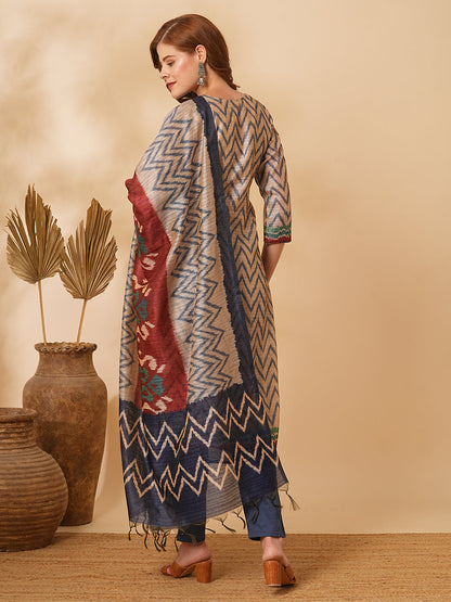 Chevron Printed & Floral Embroidered Straight Kurta with Pant & Dupatta - Beige