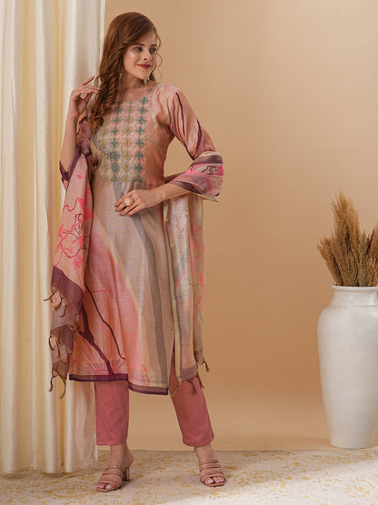 Abstract Printed & Embroidered Straight Fit Kurta with Pant and Dupatta - Pink