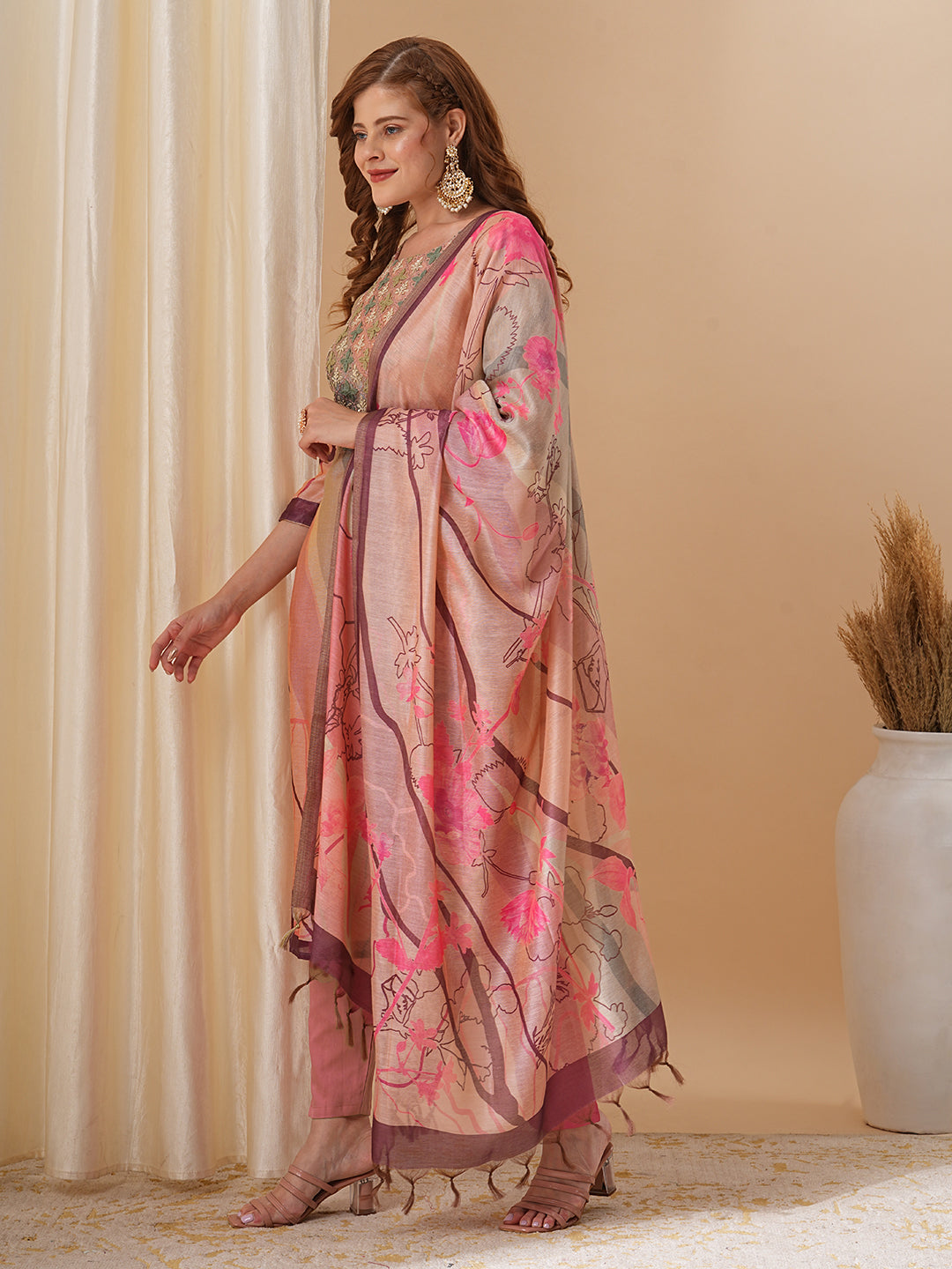 Abstract Printed & Embroidered Straight Fit Kurta with Pant and Dupatta - Pink