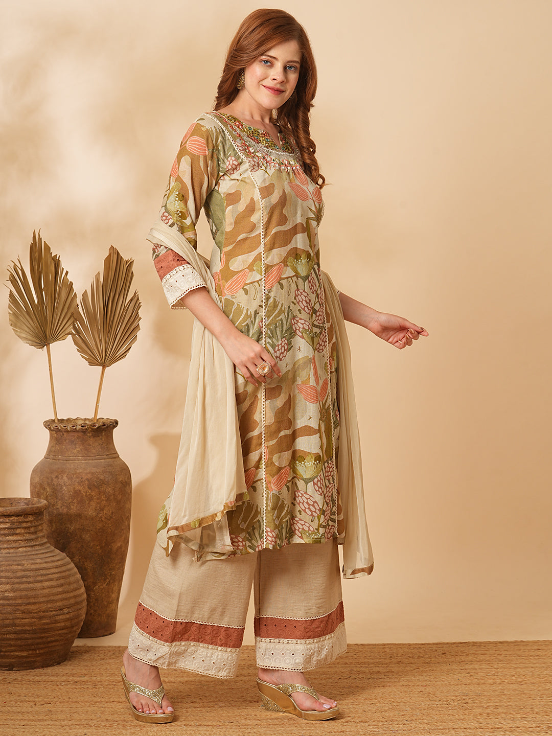 Floral Abstract Printed & Embroidered Straight Kurta with Pant & Dupatta - Taupe