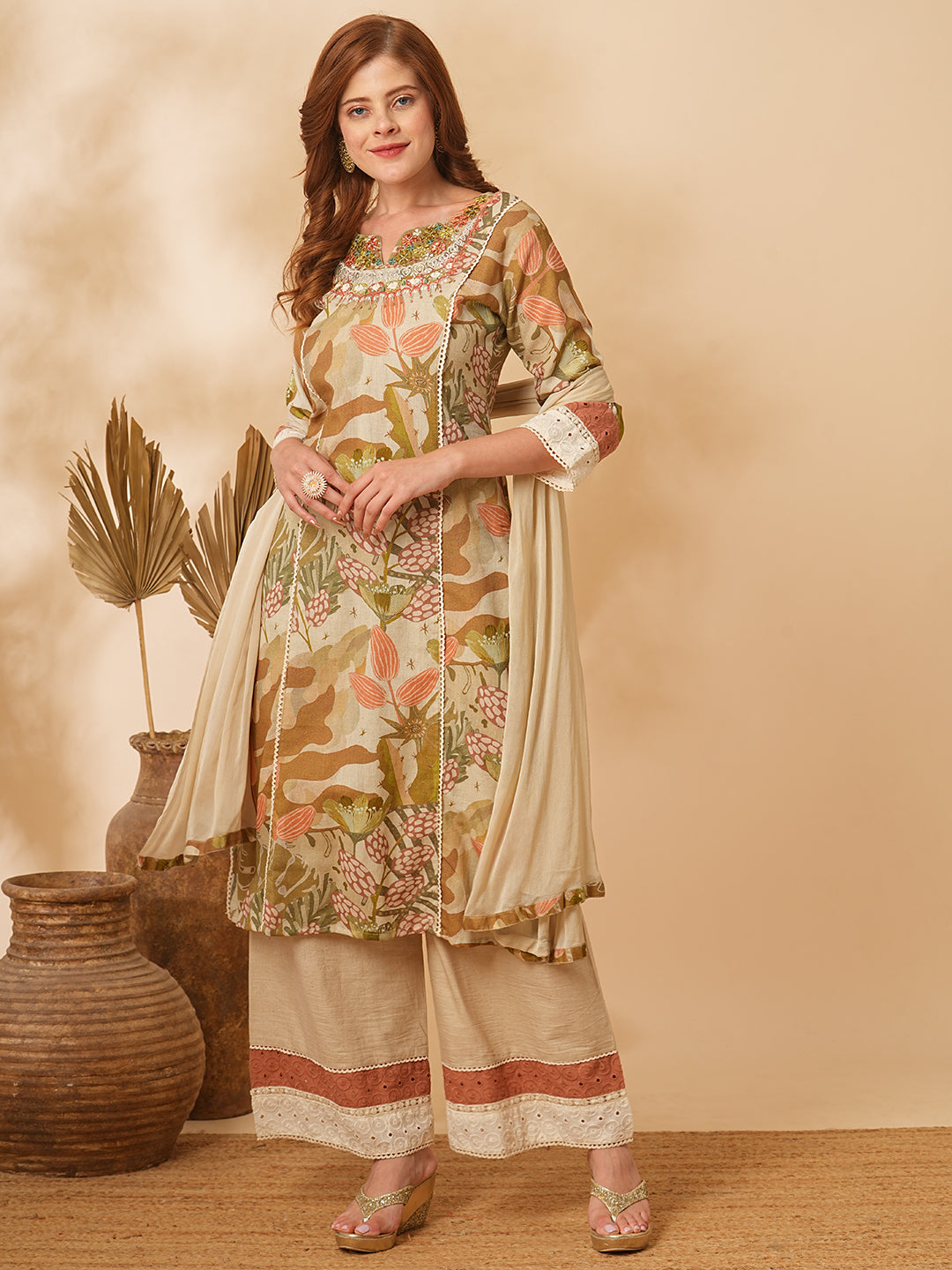 Floral Abstract Printed & Embroidered Straight Kurta with Pant & Dupatta - Taupe