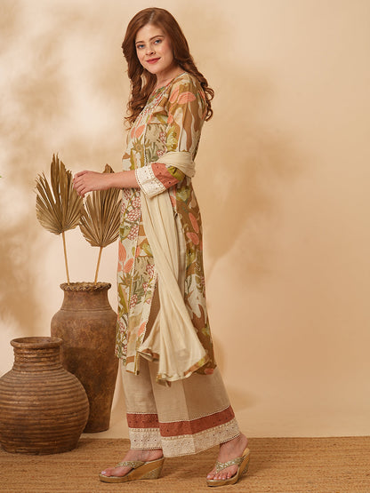 Floral Abstract Printed & Embroidered Straight Kurta with Pant & Dupatta - Taupe