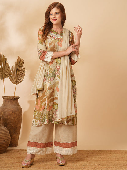 Floral Abstract Printed & Embroidered Straight Kurta with Pant & Dupatta - Taupe