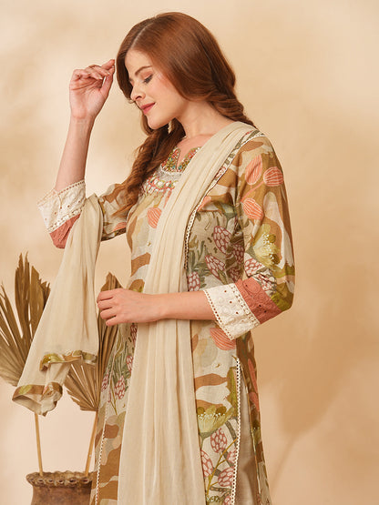 Floral Abstract Printed & Embroidered Straight Kurta with Pant & Dupatta - Taupe