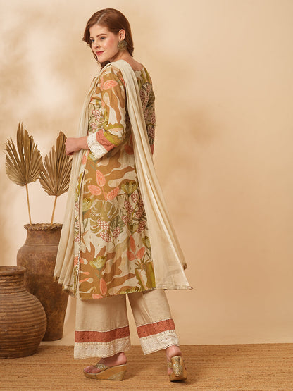 Floral Abstract Printed & Embroidered Straight Kurta with Pant & Dupatta - Taupe