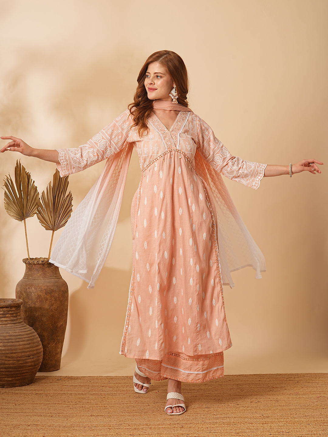 Floral Hand Embroidered A-Line Pleated Kurta with Pant & Dupatta - Peach