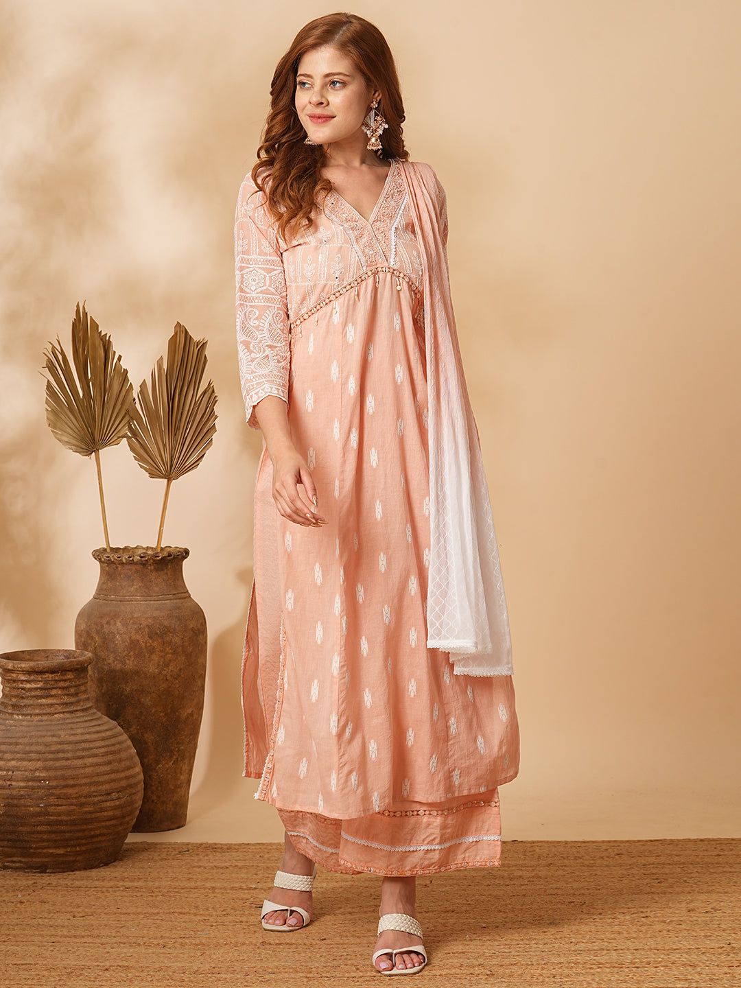 Floral Hand Embroidered A-Line Pleated Kurta with Pant & Dupatta - Peach