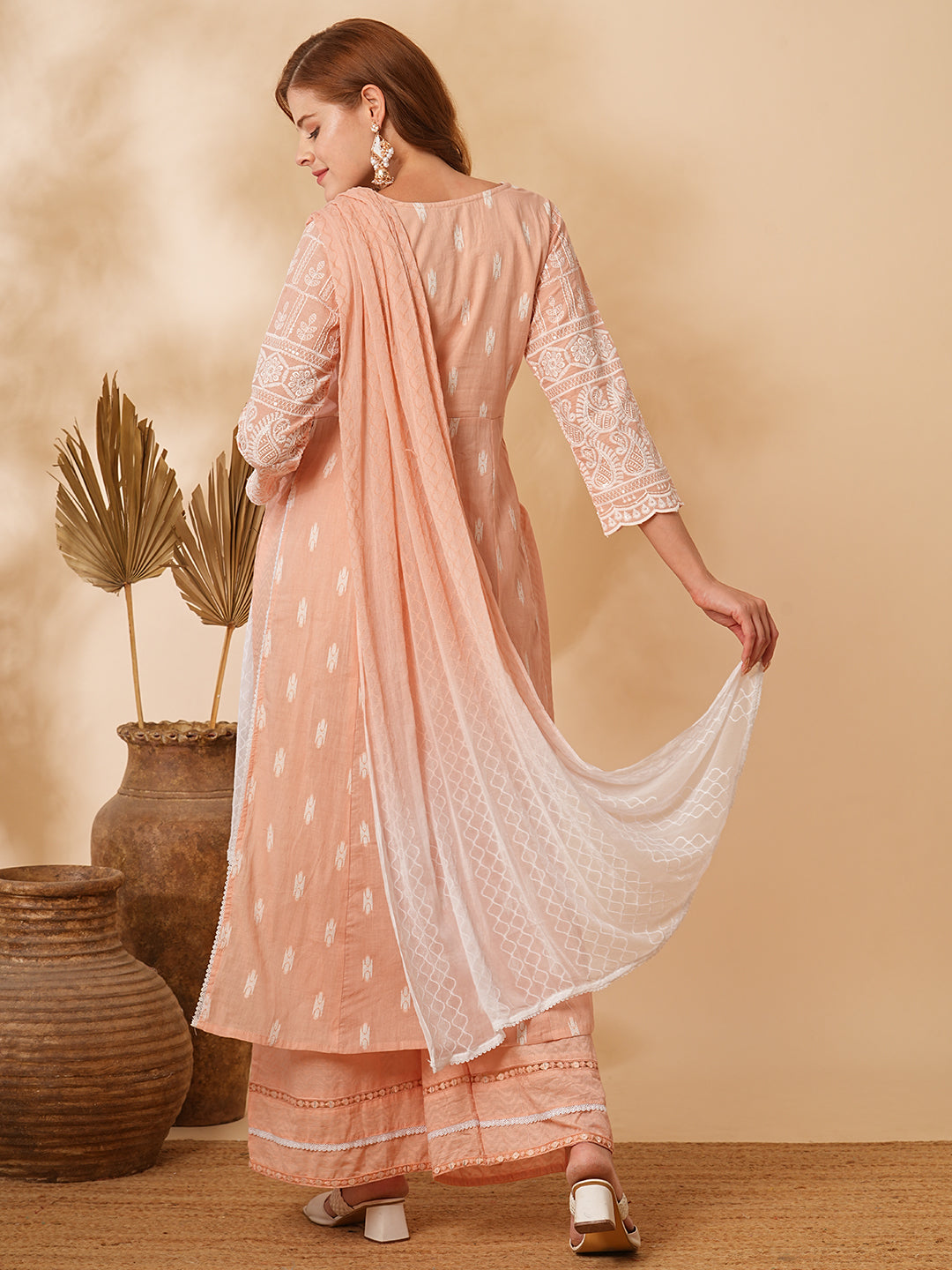 Floral Hand Embroidered A-Line Pleated Kurta with Pant & Dupatta - Peach