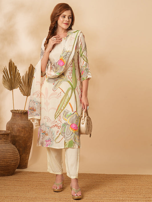 Abstract Floral Printed & Hand Embroidered Kurta with Pant & Dupatta - Off White