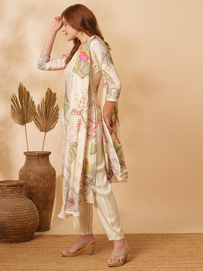 Abstract Floral Printed & Hand Embroidered Kurta with Pant & Dupatta - Off White