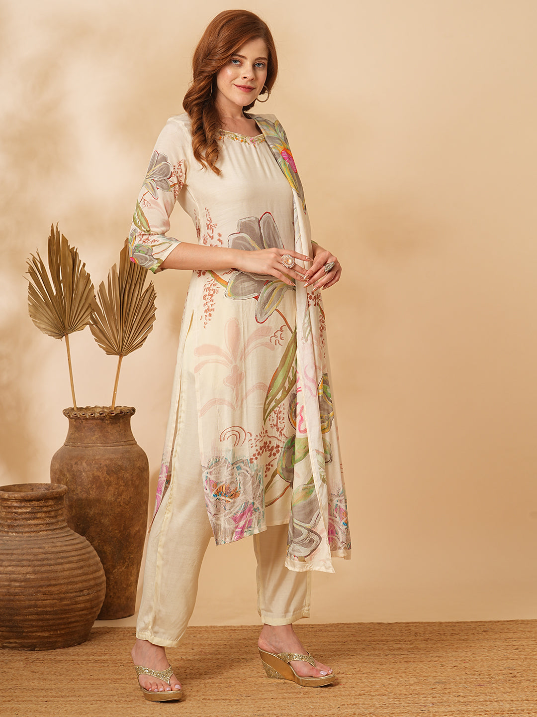 Abstract Floral Printed & Hand Embroidered Kurta with Pant & Dupatta - Off White