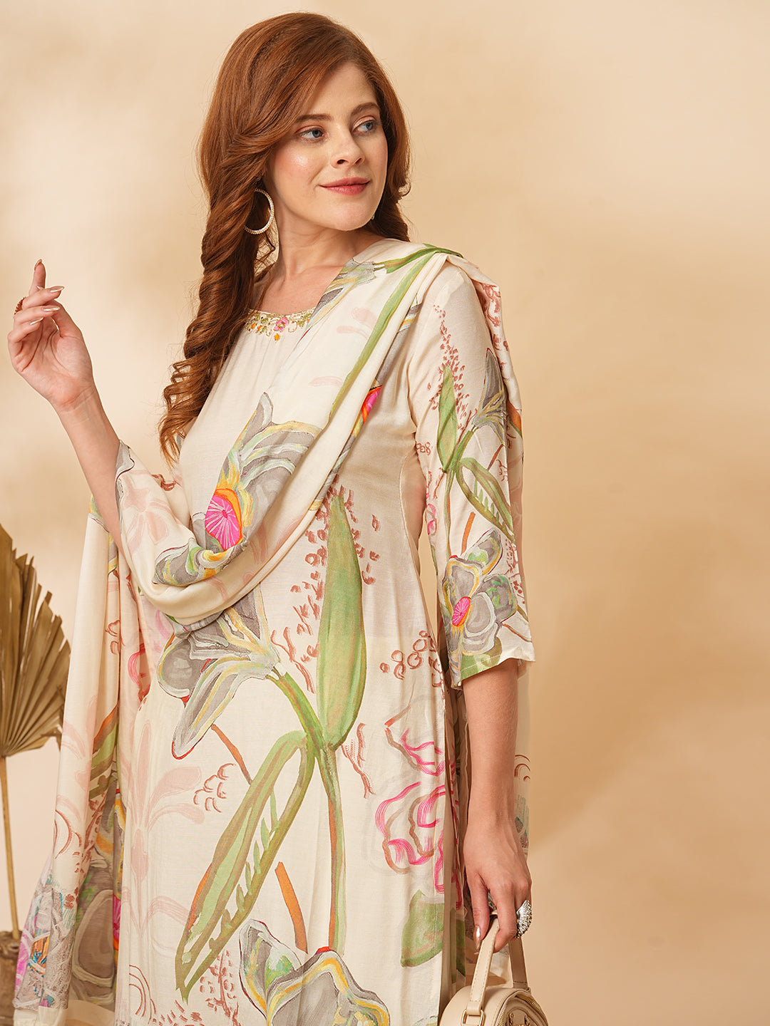 Abstract Floral Printed & Hand Embroidered Kurta with Pant & Dupatta - Off White