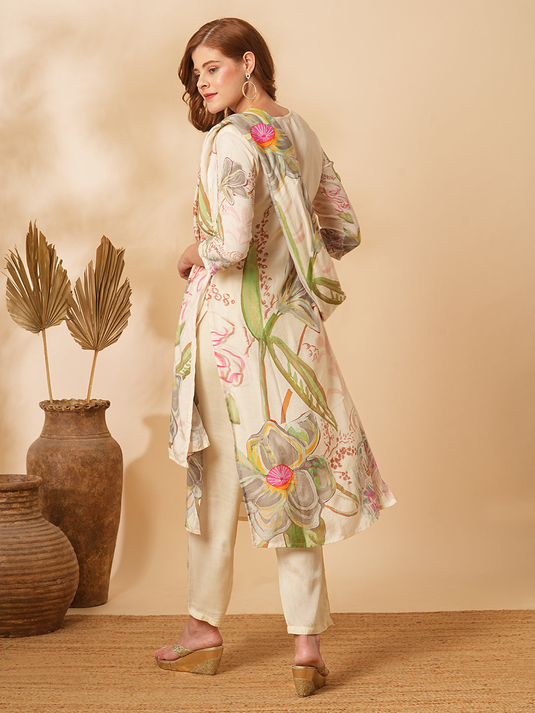 Abstract Floral Printed & Hand Embroidered Kurta with Pant & Dupatta - Off White