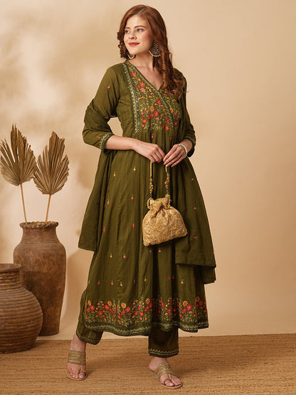 Floral & Mirror Embroidered Anarkali with Pant & Pure Cotton Dupatta - Olive Green