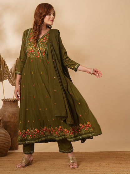 Floral & Mirror Embroidered Anarkali with Pant & Pure Cotton Dupatta - Olive Green