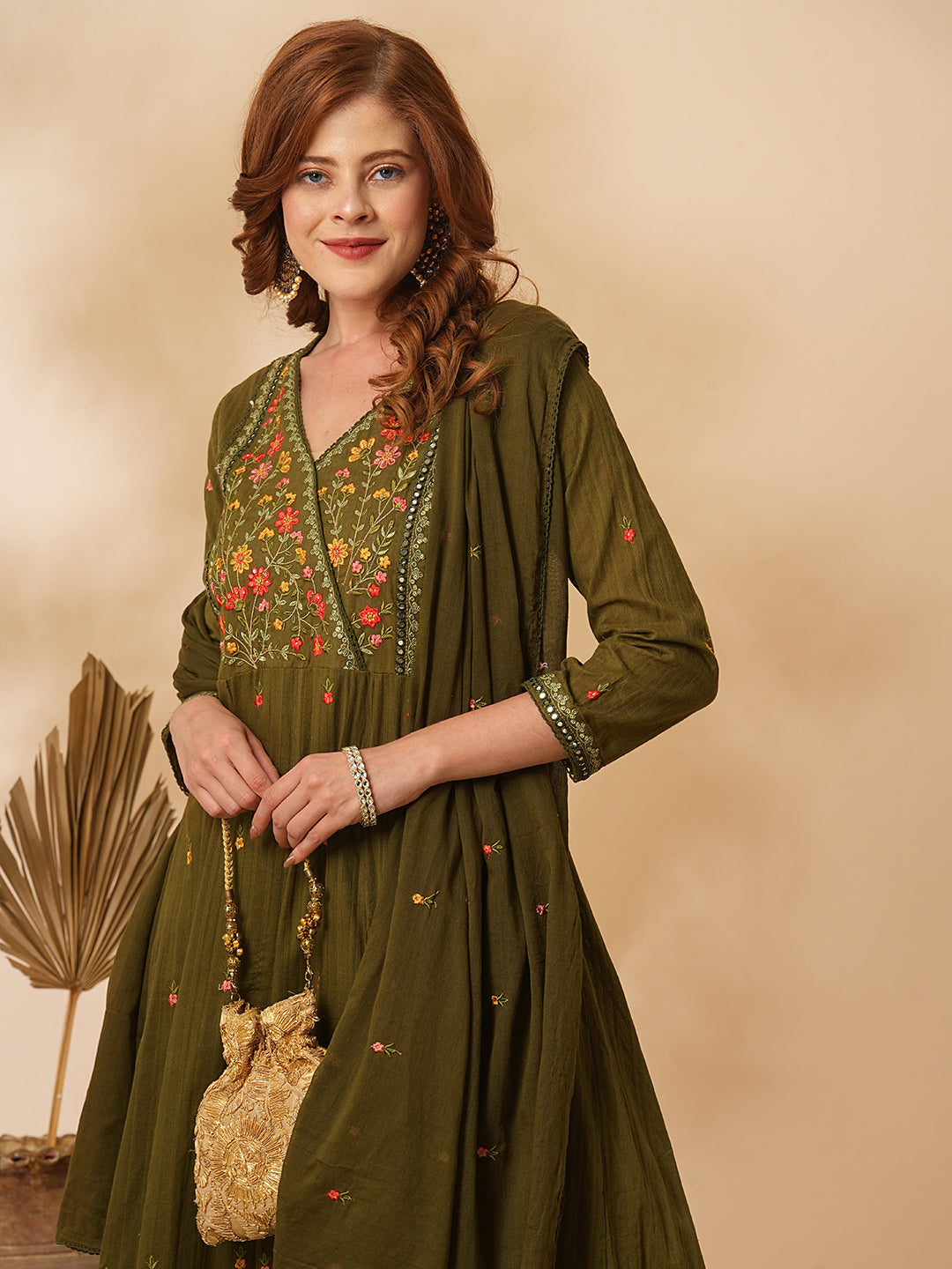 Floral & Mirror Embroidered Anarkali with Pant & Pure Cotton Dupatta - Olive Green