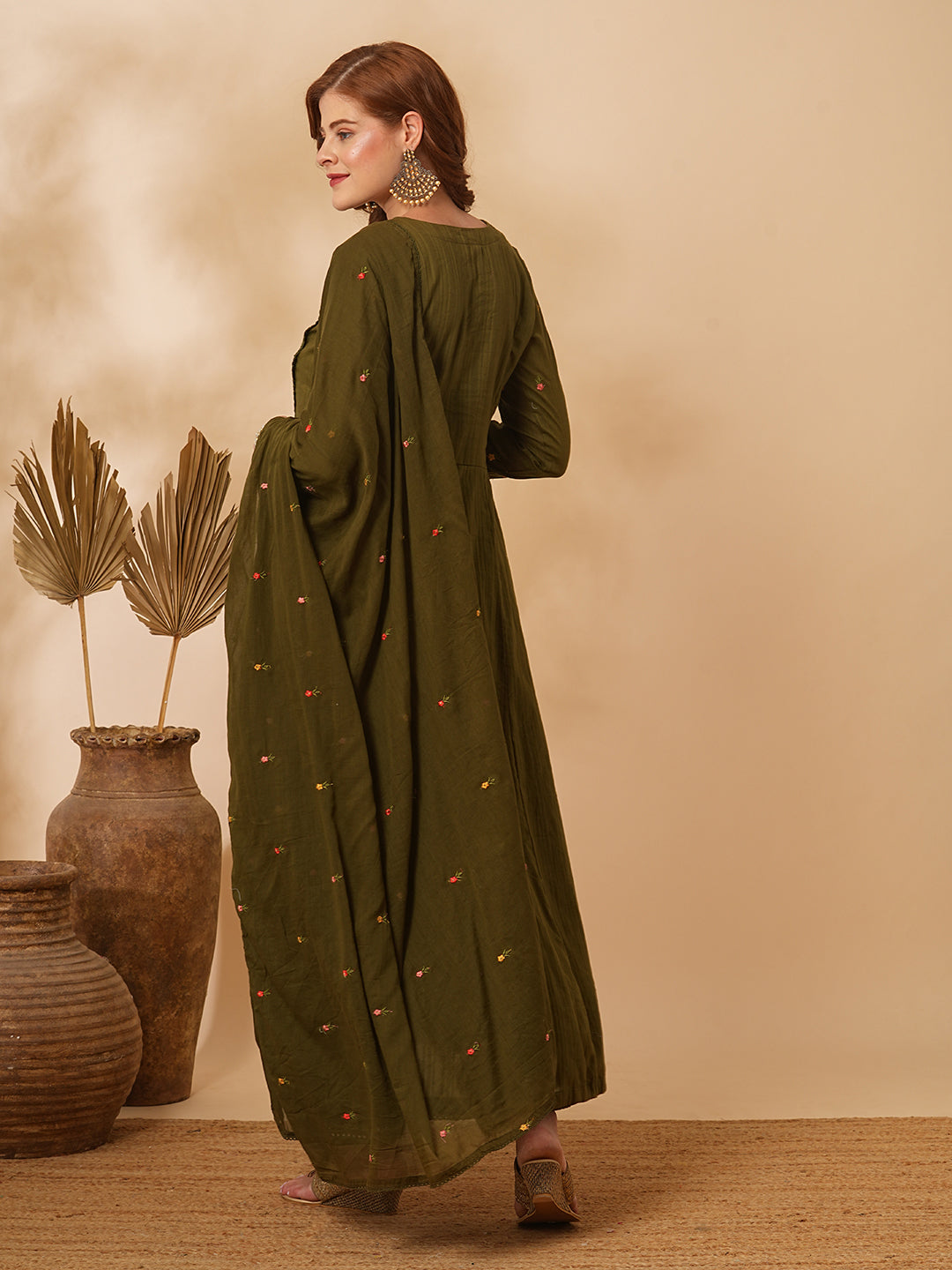 Floral & Mirror Embroidered Anarkali with Pant & Pure Cotton Dupatta - Olive Green