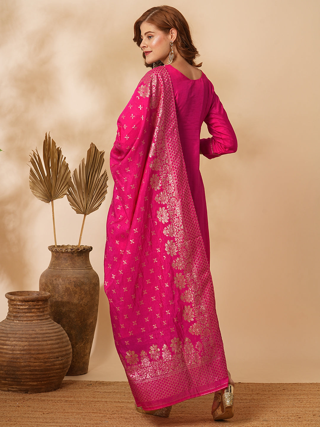 Floral Hand Embroidered Straight & Kurta with Pant & Brocade & Dupatta - Pink