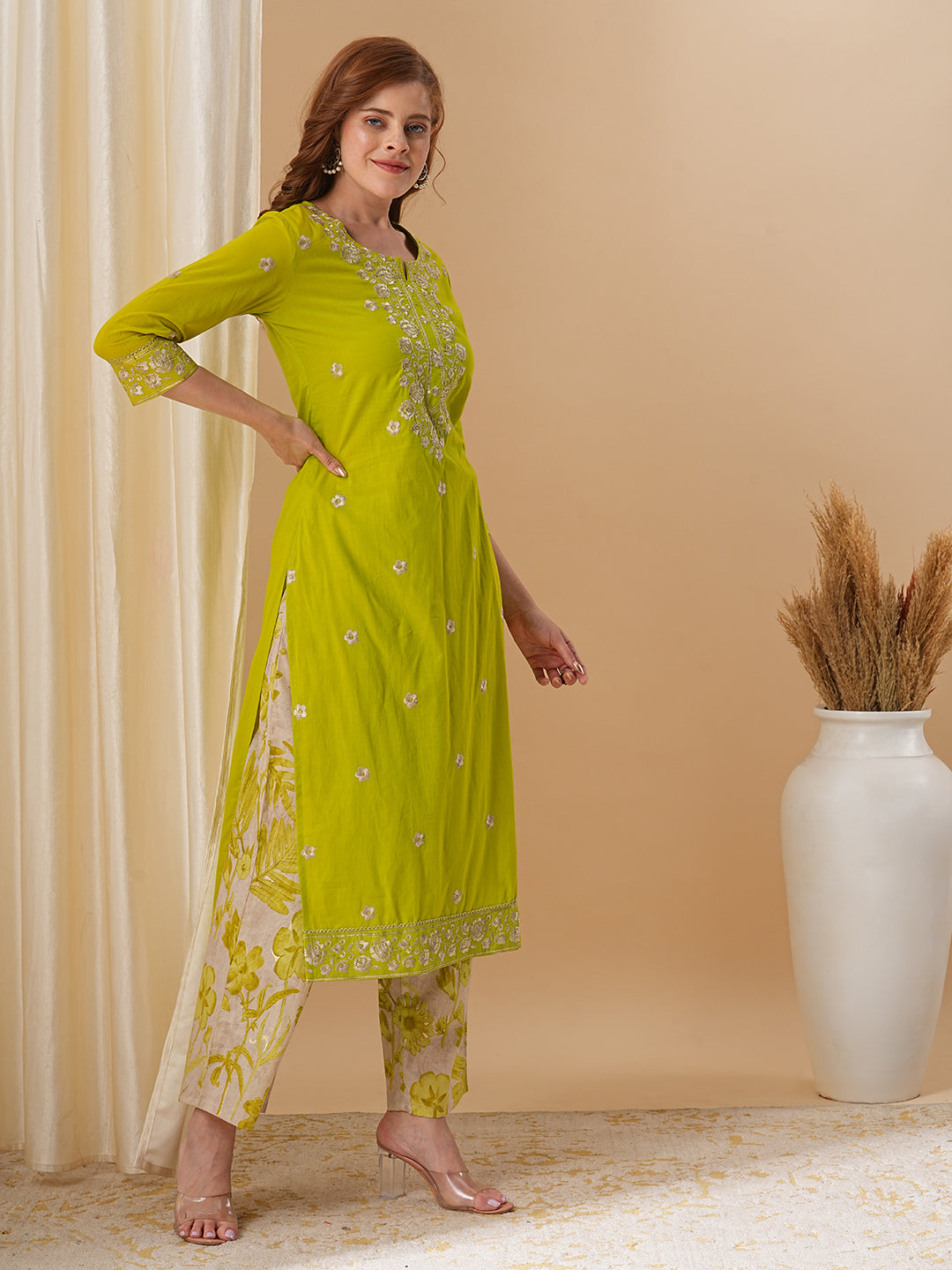 Floral Embroidered Solid Straight Fit Kurta with Printed Palazzo - Lime Green