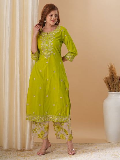 Floral Embroidered Solid Straight Fit Kurta with Printed Palazzo - Lime Green