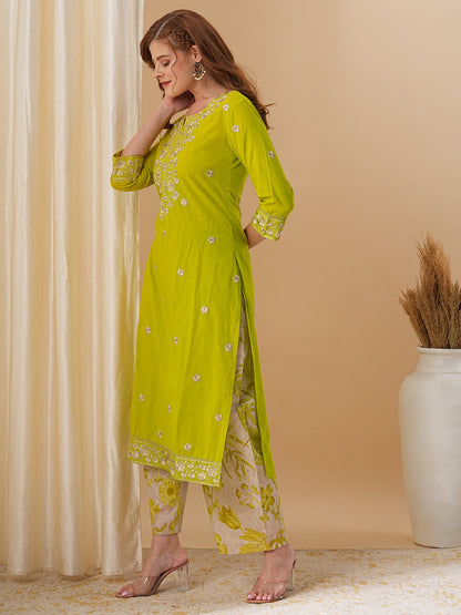 Floral Embroidered Solid Straight Fit Kurta with Printed Palazzo - Lime Green